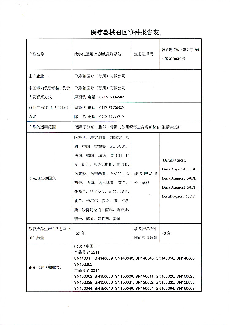 飞利浦医疗对数字化医用X射线摄影系统主动召回